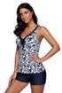 Sexy Navy Blue Leafage Print Tankini Swimsuit